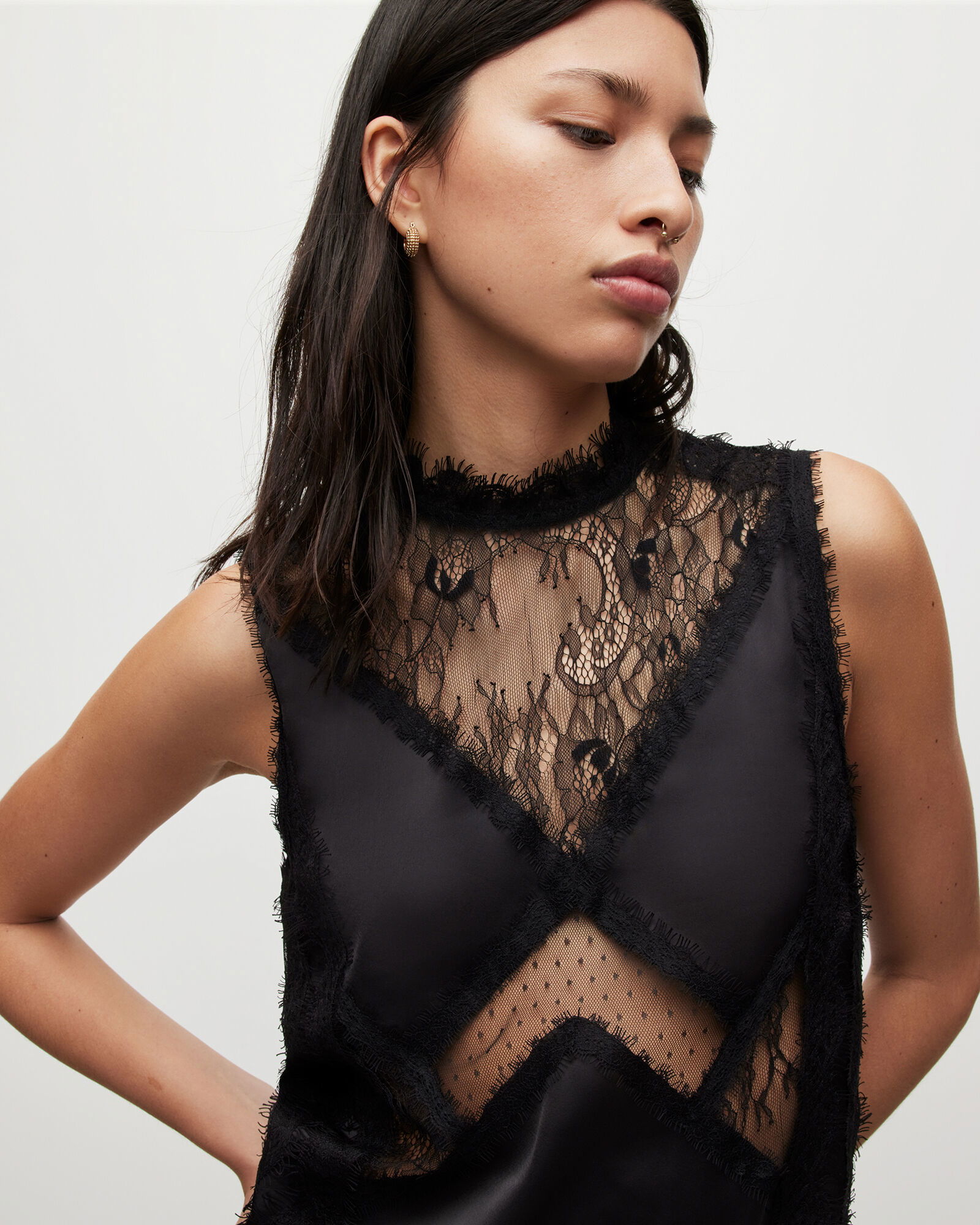 mila lace maxi dress ALLSAINTS Mila Lace Panelled Frill Trim Maxi Dress