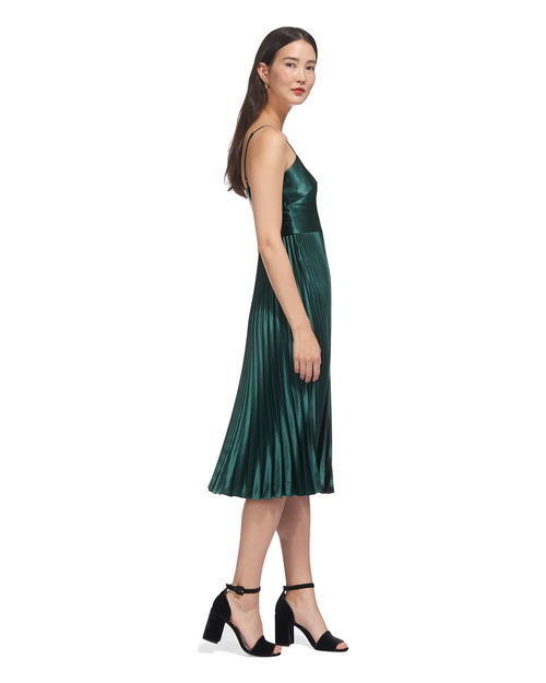 WHISTLES Satin Pleated Strappy Dress in Mineral Green | Endource