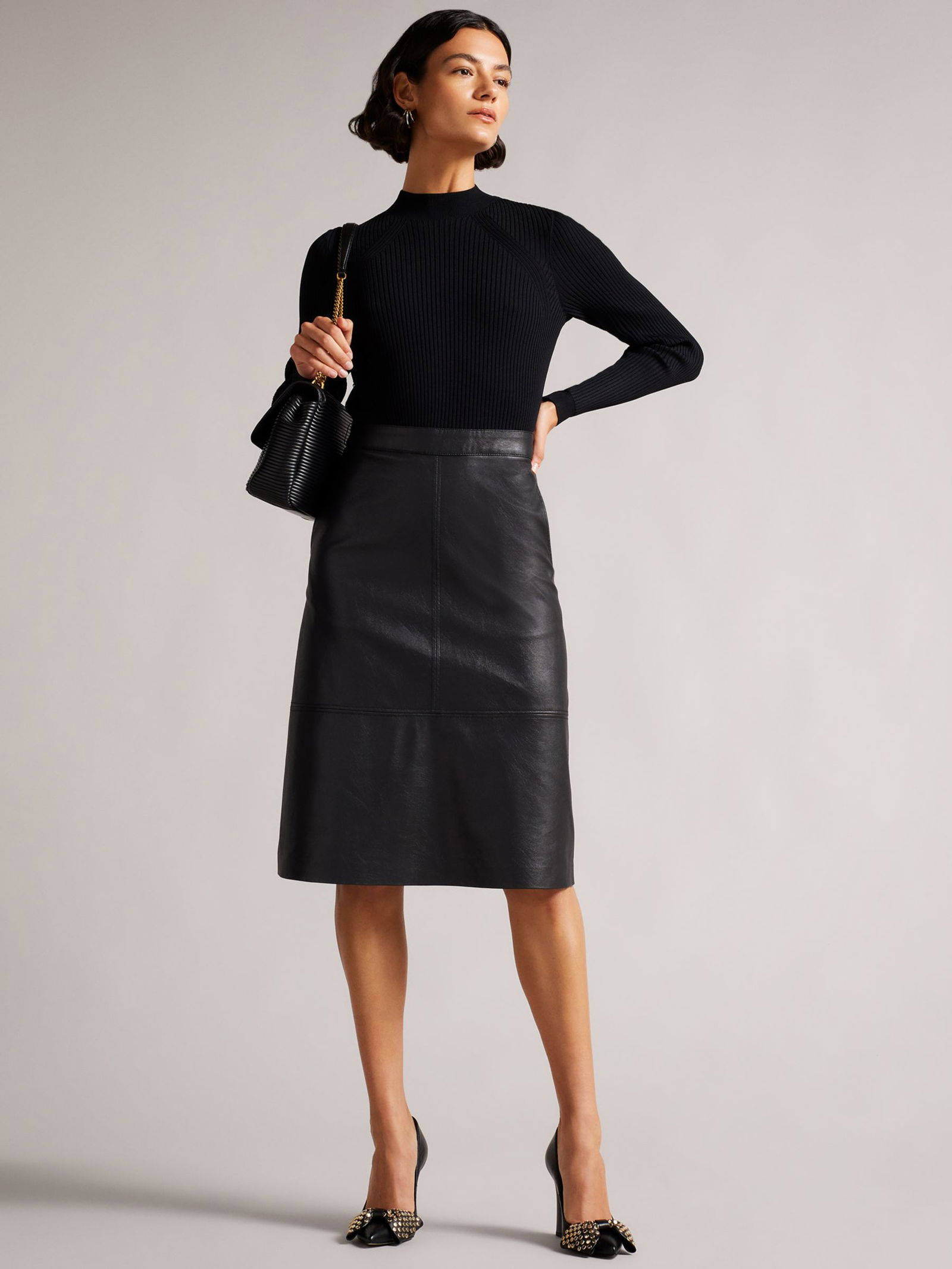 TED BAKER Alltaa Knitted Bodice Dress With Faux Leather Skirt | endource