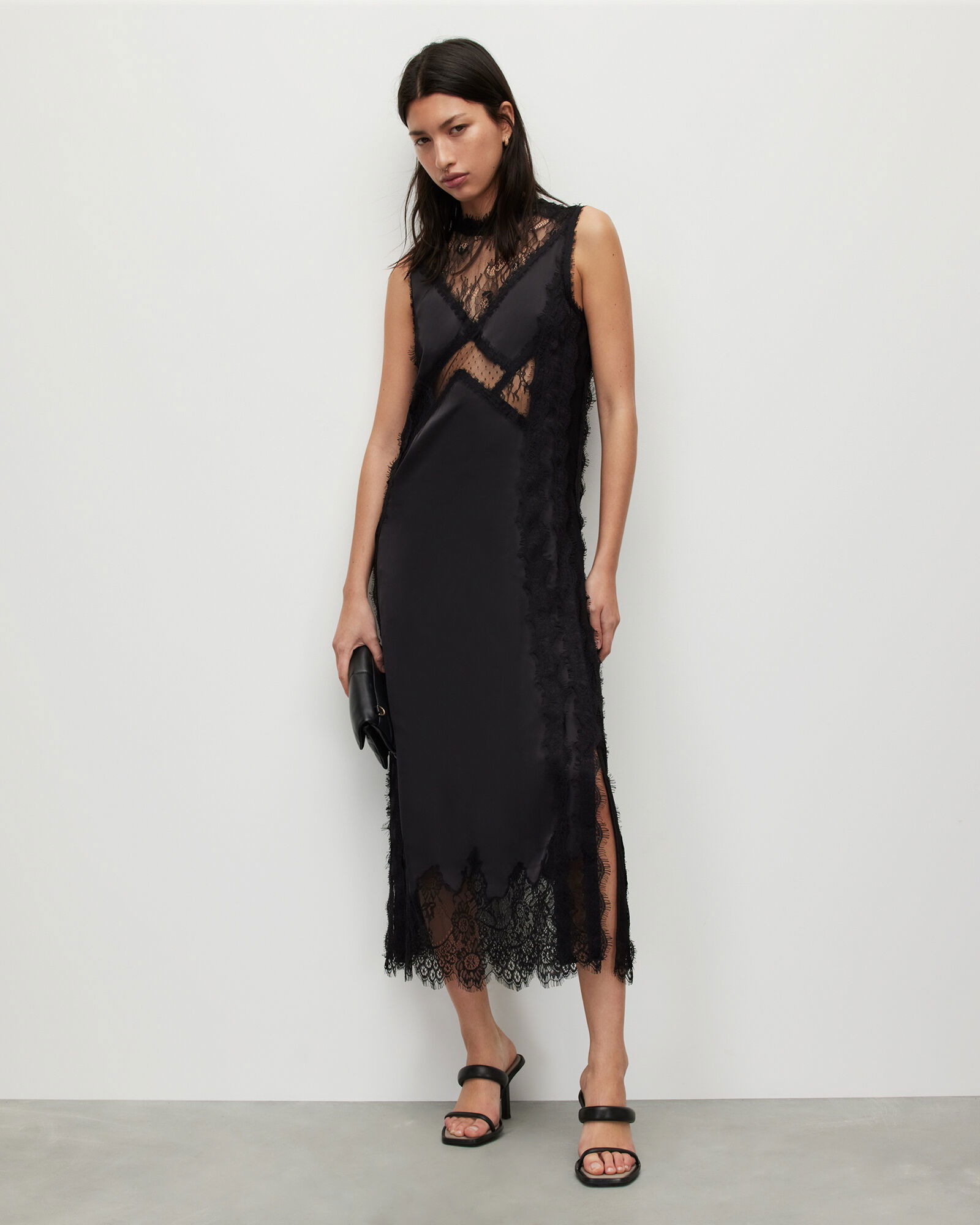 mila lace panelled frill trim maxi dress Allsaints Mila Lace Panel Leopard Print Maxi Dress In Black - 30% Off