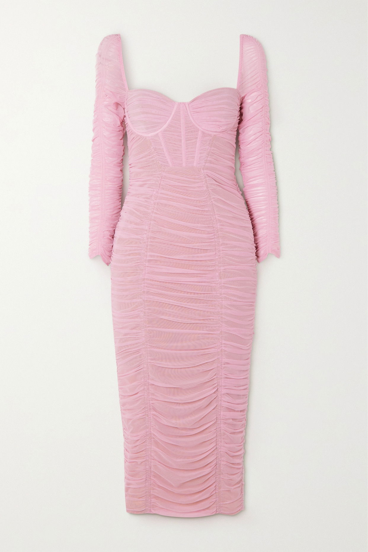 Express, Body Contour Mesh Ruched Side Slit Midi Dress in Gorgeous Pink