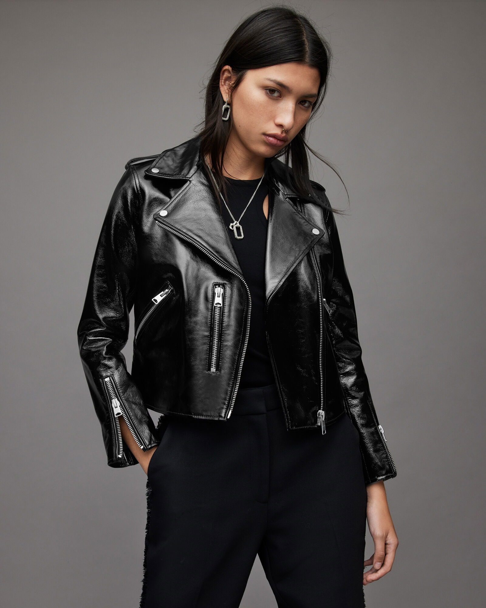 ALLSAINTS Fern Shiny Leather Biker Jacket | Endource