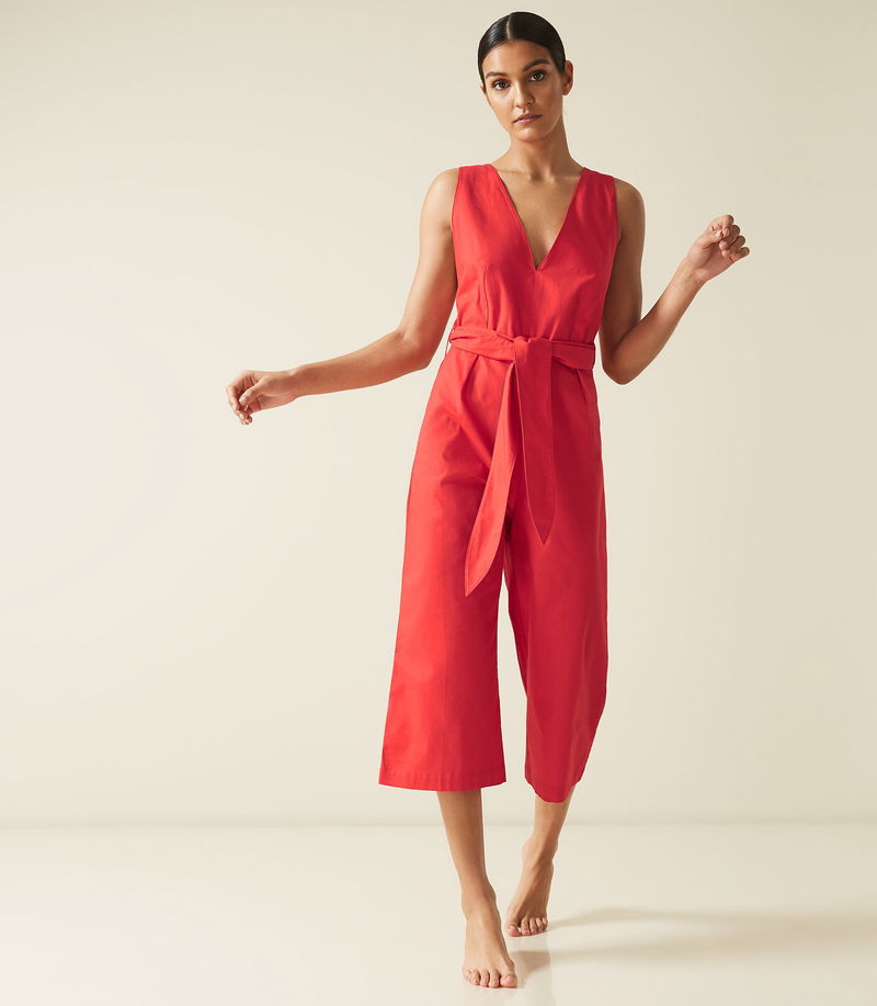 REISS Daphne Plunge Front Jumpsuit in Red | Endource