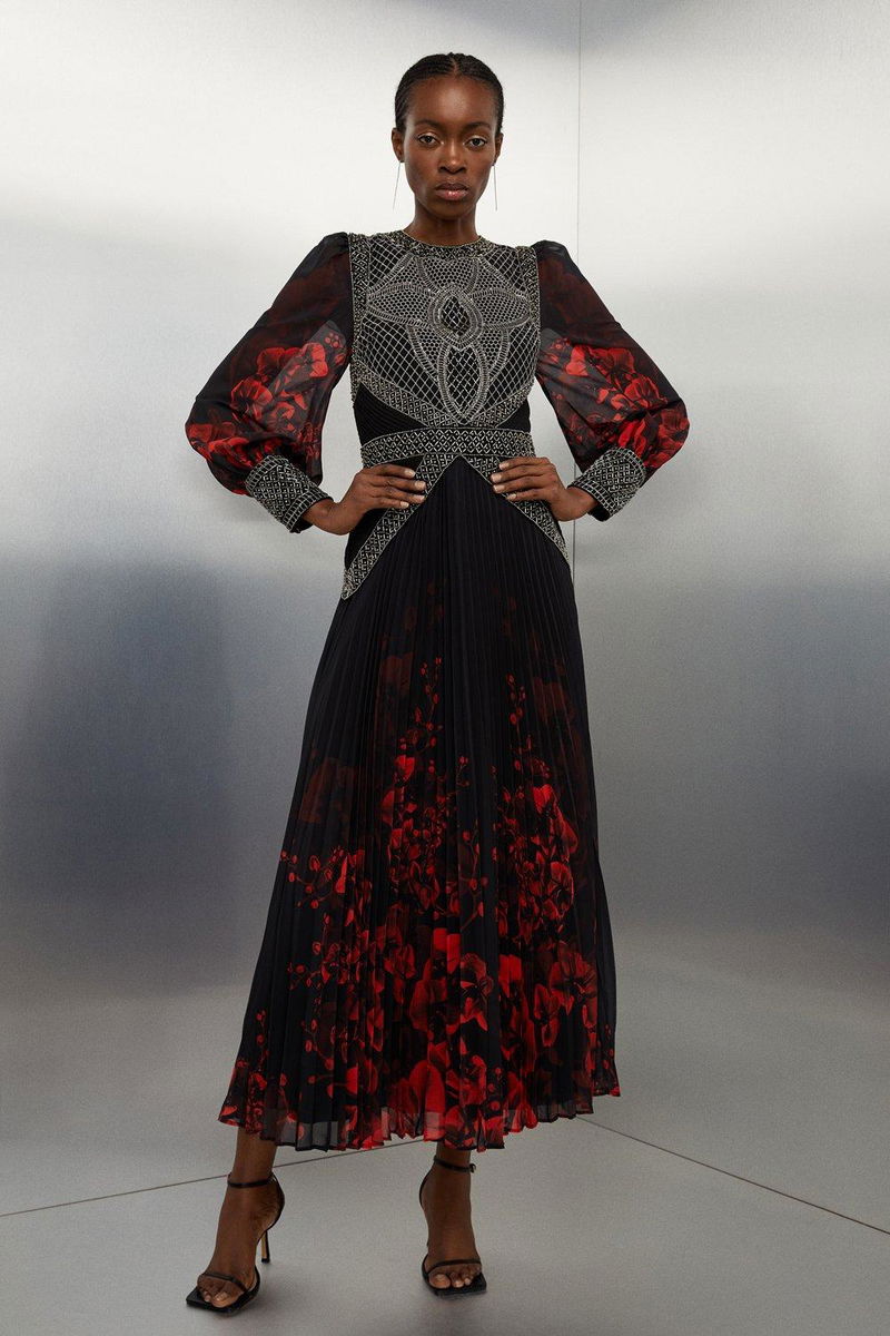 chinese dress ladies Sparkling Black Embellished Long Sleeve Midi Dress – The FEO Collection main image 0