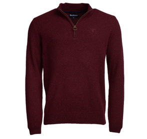 Burgundy textured quarter-zip sweater with Barbour branding