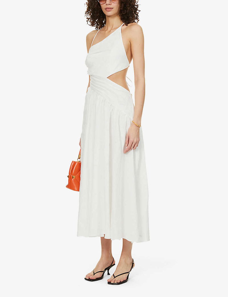 ZIMMERMANN Tropicana Asymmetric-Neck Linen Midi Dress | Endource