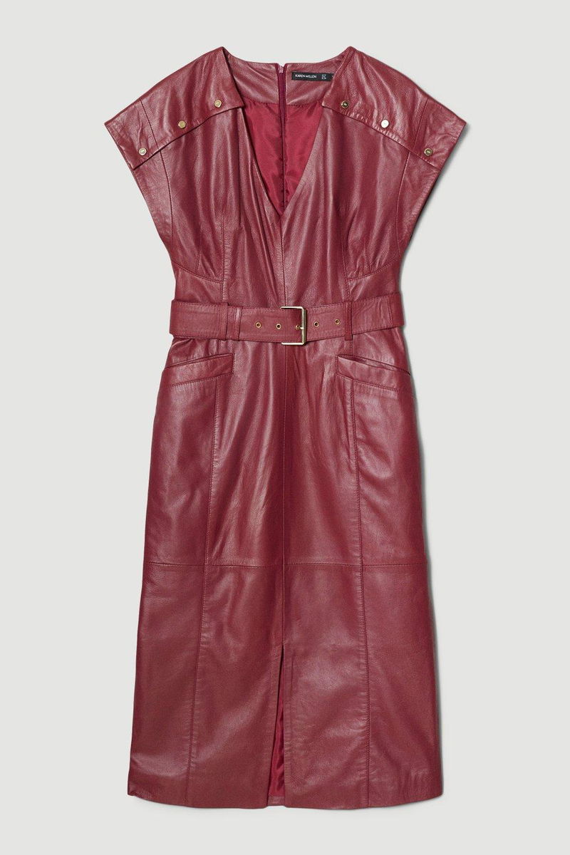 KAREN MILLEN Leather Button Detail Shoulder Belted Midi Pencil Dress |  endource