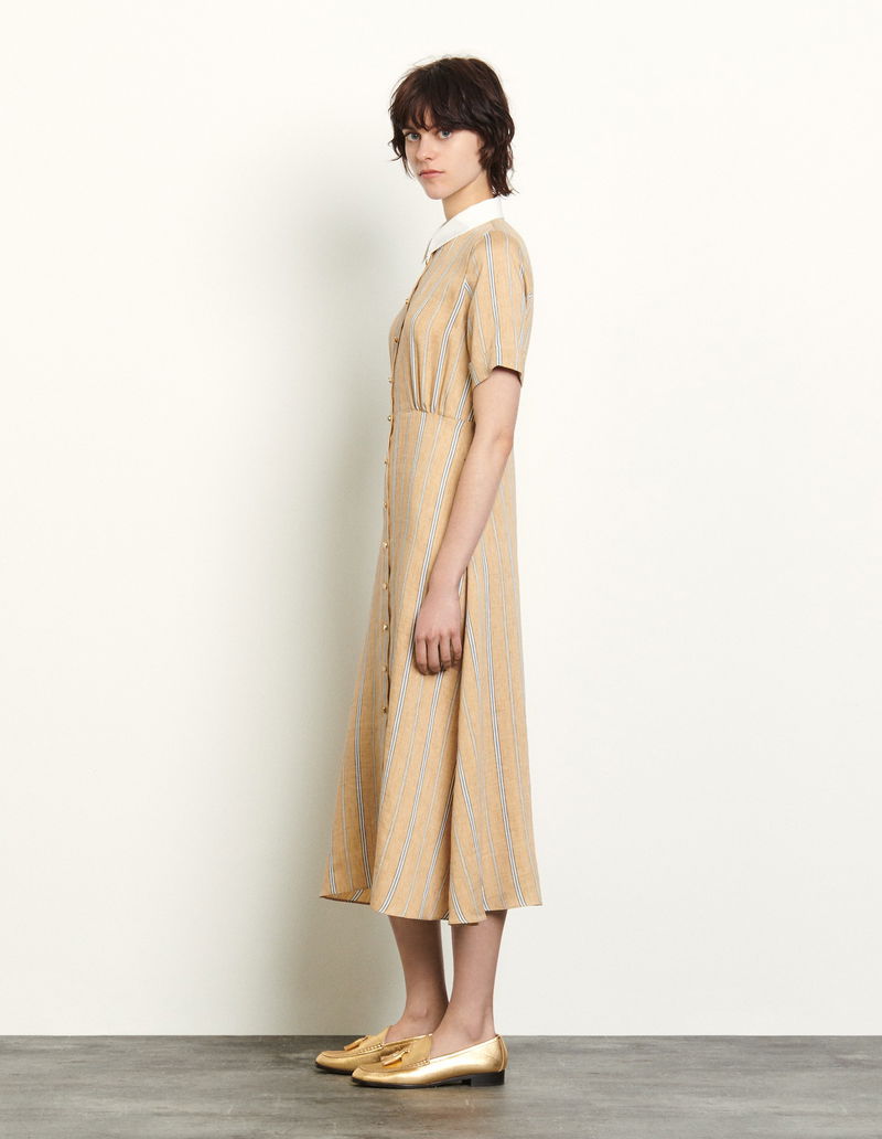 sandro striped shirt dress Sandro Striped maxi dress with leather tab