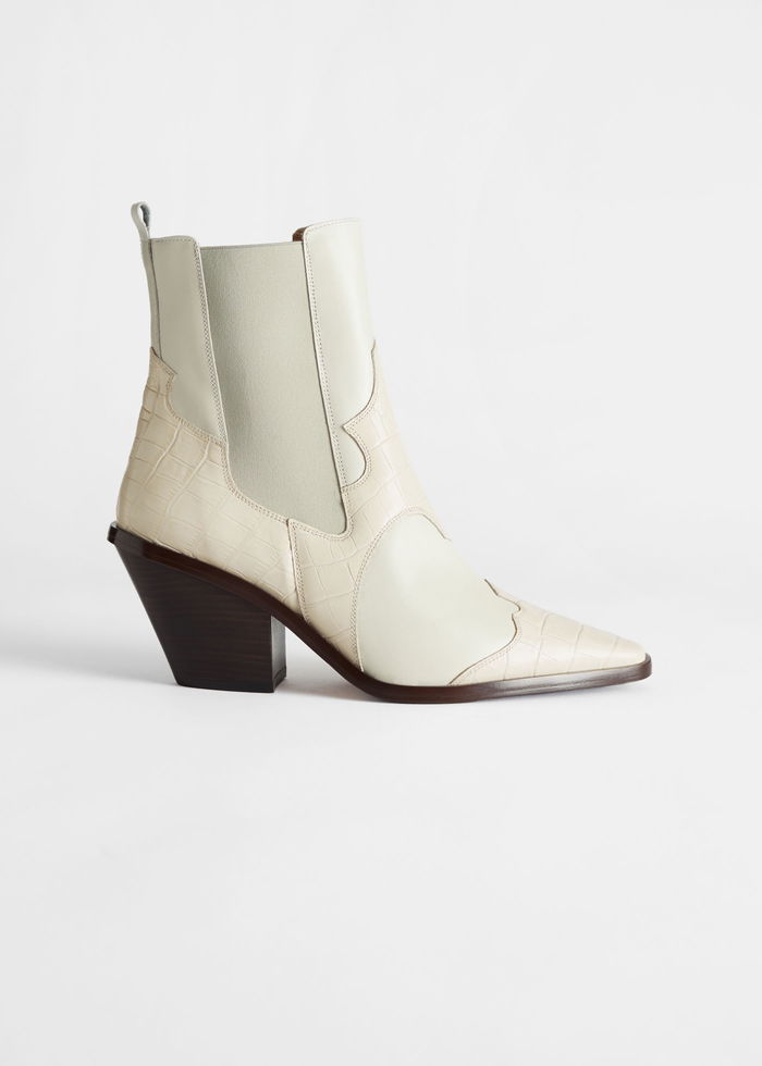 & OTHER STORIES Square Toe Leather Cowboy Boots in Light Beige | Endource