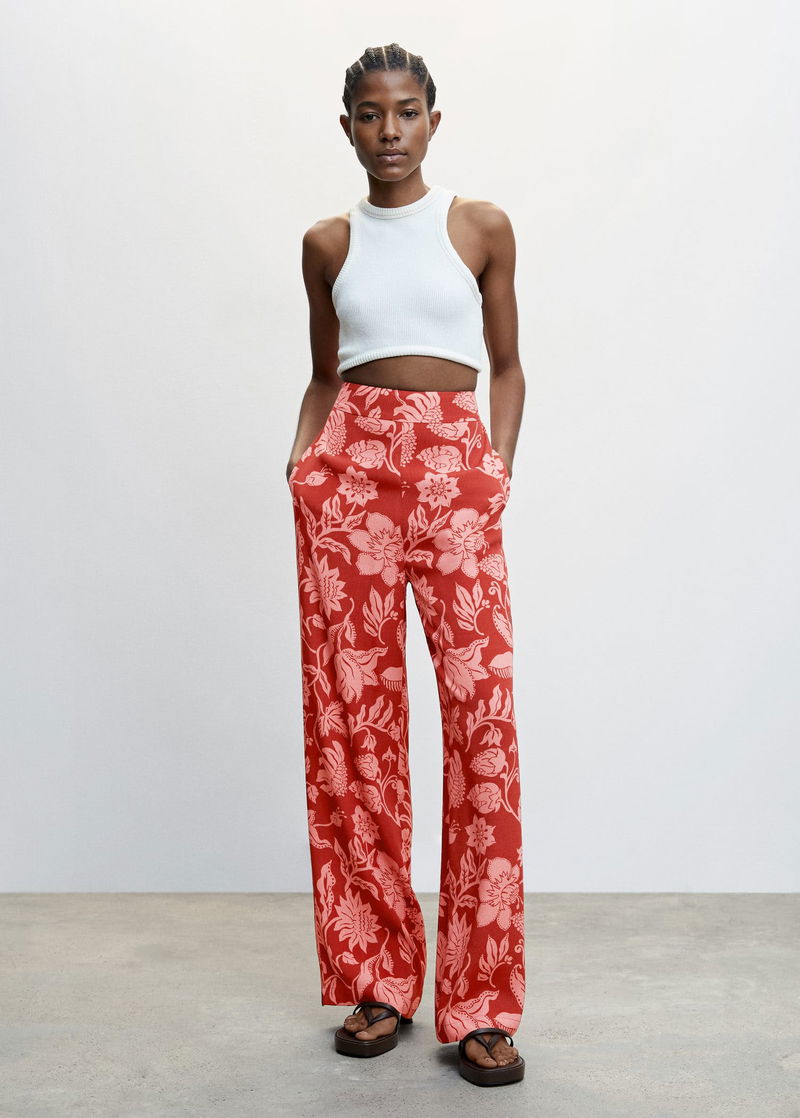 Red Floral Print Wide Leg Trousers