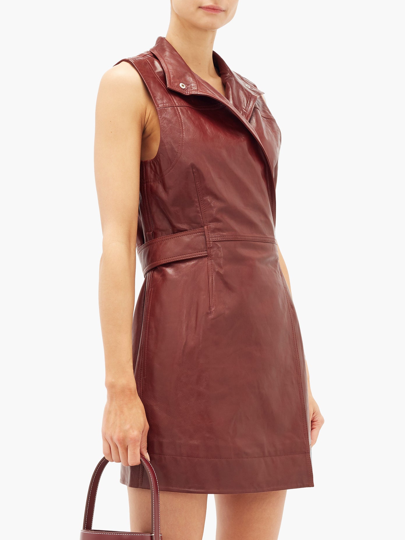 ganni brown leather dress Ganni - Sixties Inspired Pointed Collar and Flared Sleeve Leather Mini Dress