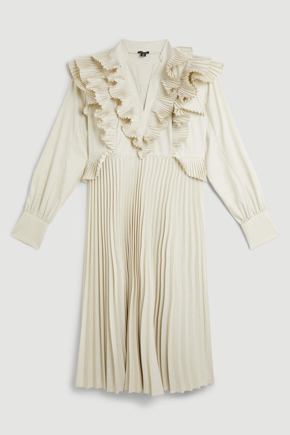 KAREN MILLEN Plus Size Cotton Pleated Detail Woven Midi Dress in Cream