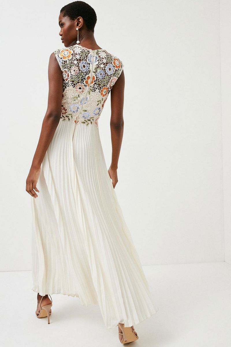 KAREN MILLEN Floral Embroidered Pleated Woven Midi Dress | endource