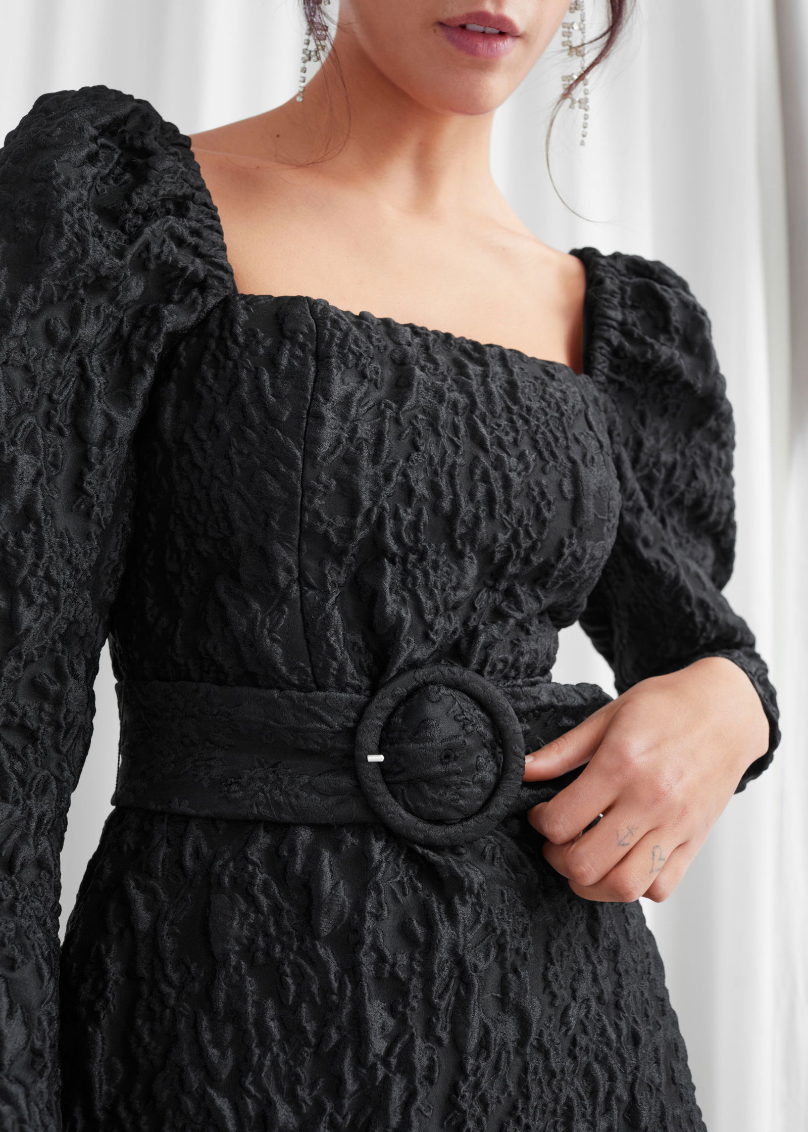 belted puff sleeve jacquard mini dress & OTHER STORIES Belted Puff Sleeve Jacquard Mini Dress