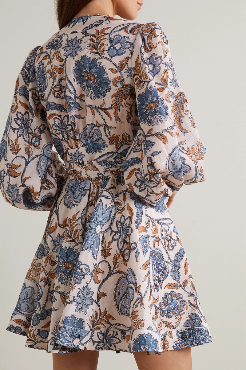 ZIMMERMANN Vitali Floral-Print Linen Wrap Dress in Blue | Endource