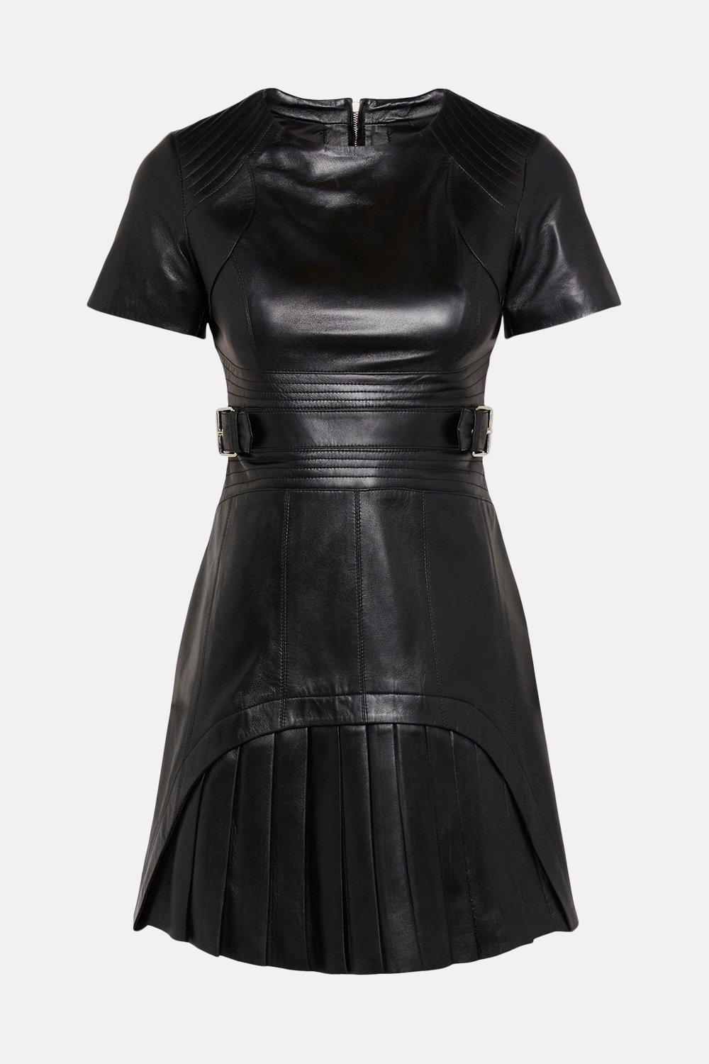 KAREN MILLEN Leather Military Pleated Mini Dress | endource