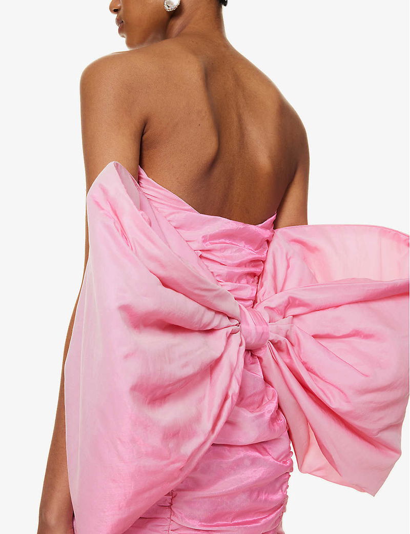 rotate pink bow dress ROTATE BIRGER CHRISTENSEN Strapless Bow-Embellished Woven Mini Dress