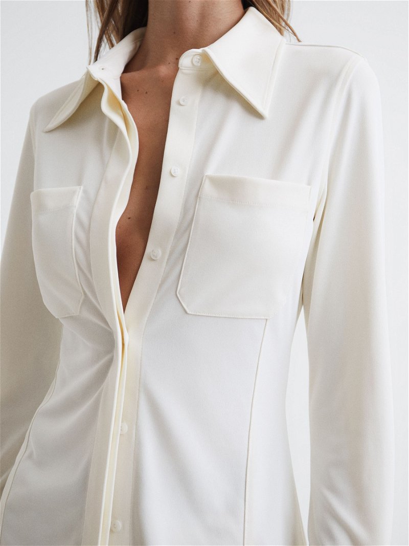 REISS Dana Long Sleeve Plunge Neckline T-Shirt in Ivory