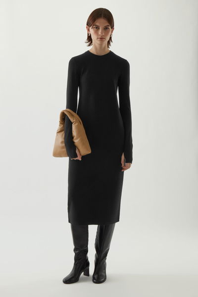 COS Ribbed Long-Sleeve Midi Dress in Black | Endource