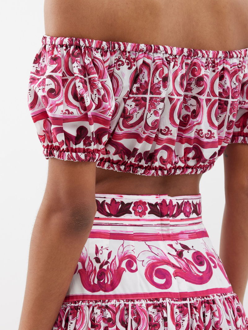 Pink Majolica-print cotton-poplin cropped top, Dolce & Gabbana