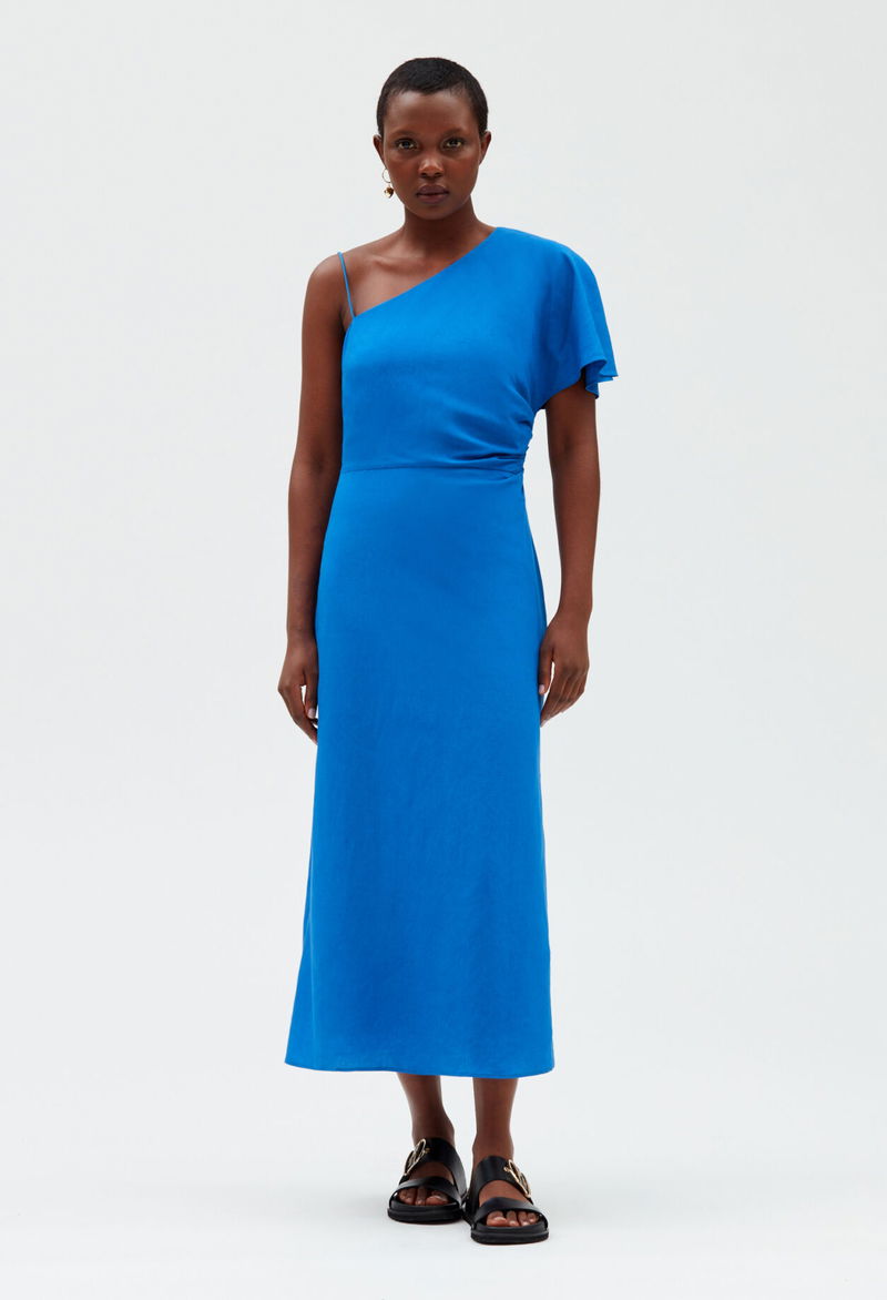 blue asymmetric midi dress Anela Asymmetric Midi Dress