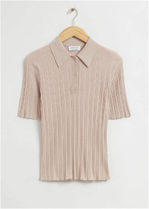 Reiss Sienna Ribbed Wool Blend Polo Top, Camel, XS