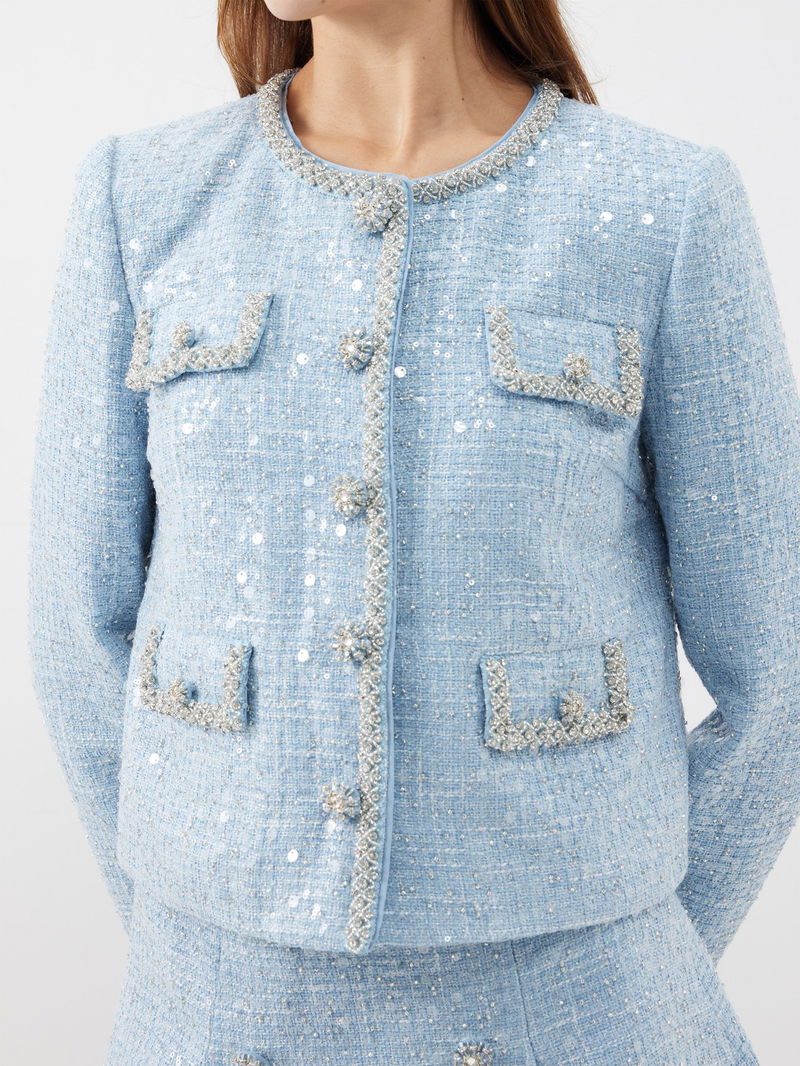 SELF-PORTRAIT Sequinned Bouclé-Tweed Jacket in Blue | Endource