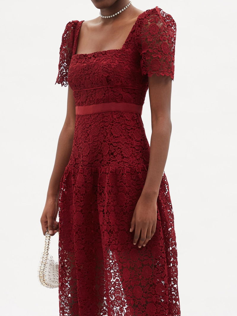 SELF-PORTRAIT Square-Neck Guipure-Lace Midi Dress | endource