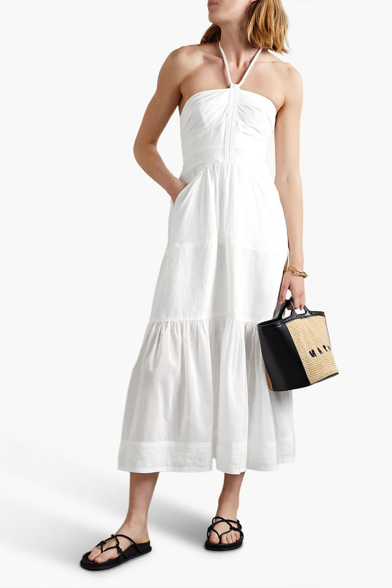 A.L.C. Adelle Tiered Voile Halterneck Maxi Dress in White