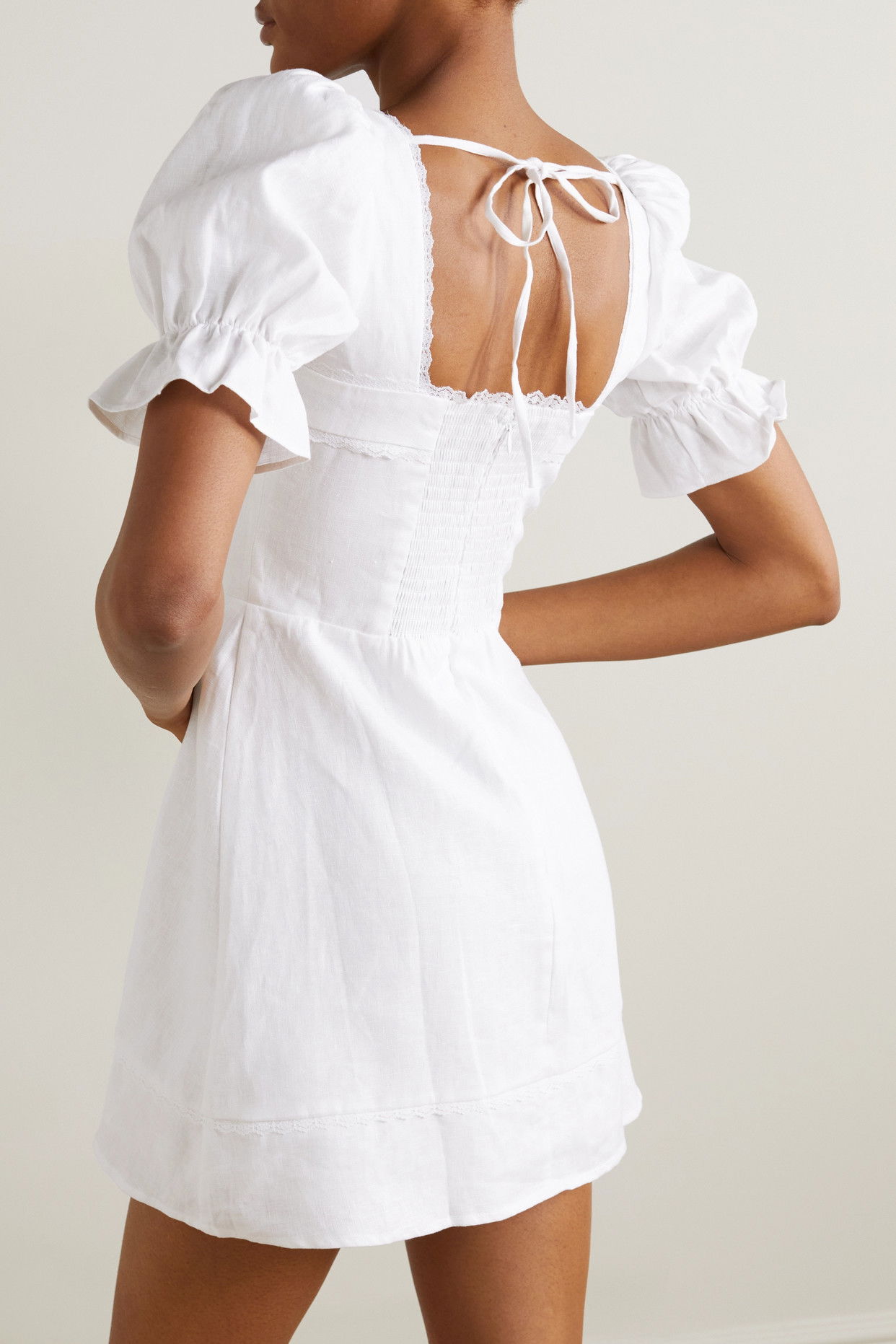 REFORMATION Evianna Lace-Trimmed Linen Mini Dress | endource
