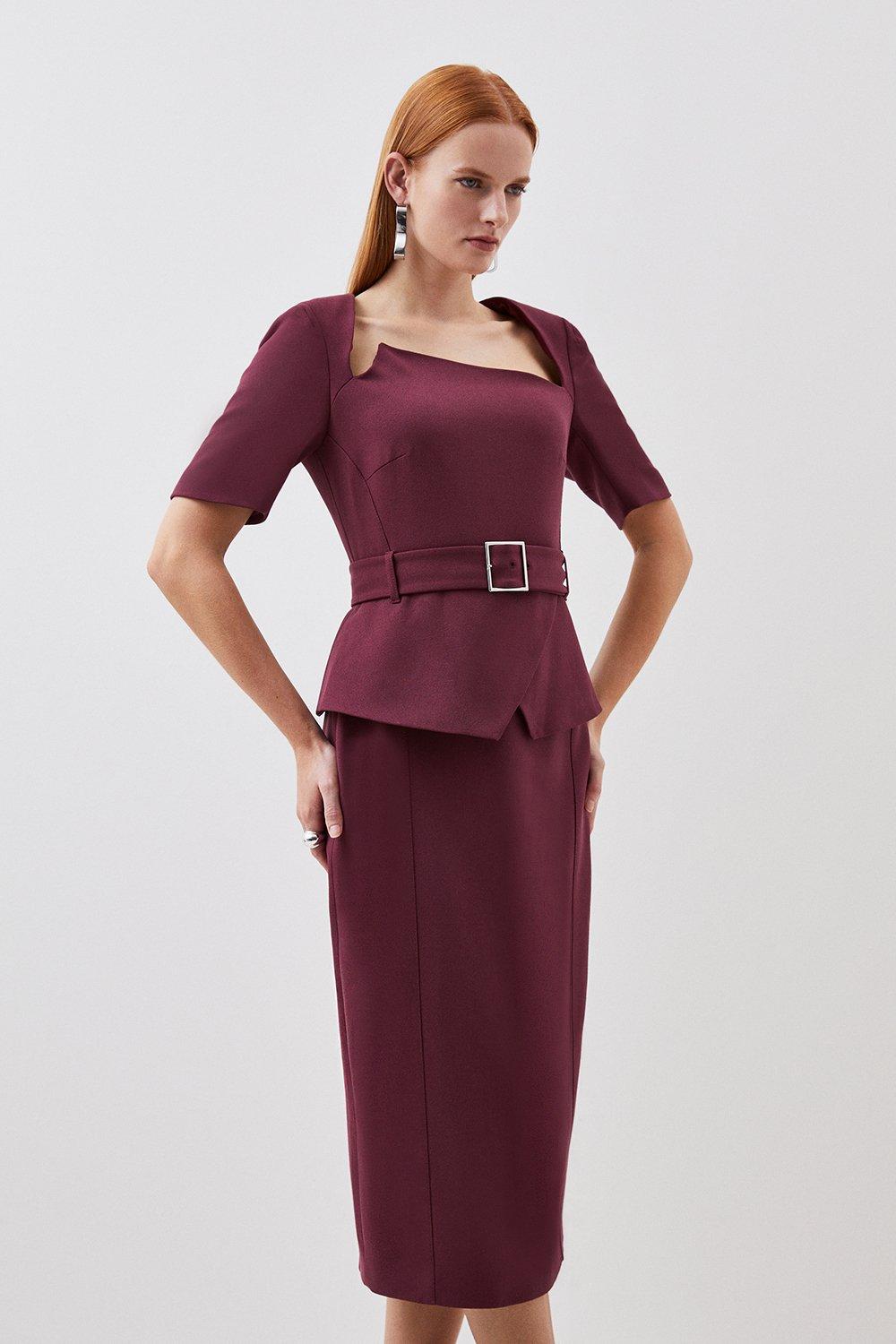 KAREN MILLEN Structured Crepe Asymmetric Neck Belted Midi Pencil Dress |  endource