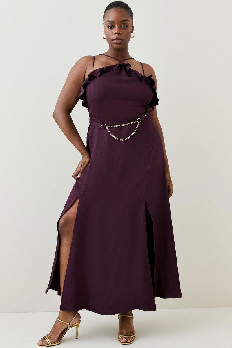 black floral flocked sheer ruched halter strap maxi dress Anabelle Halter Neck Midi Dress main image 1