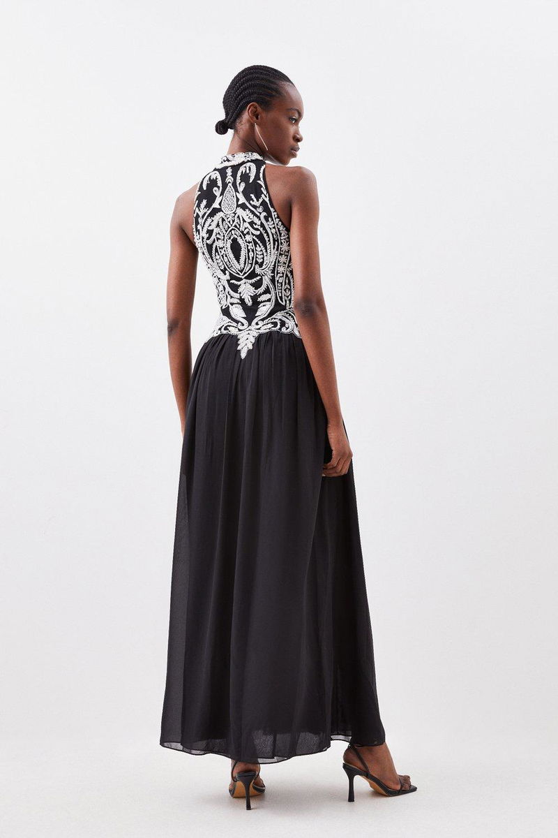 KAREN MILLEN Petite Crystal Embellished Halter Woven Maxi Dress