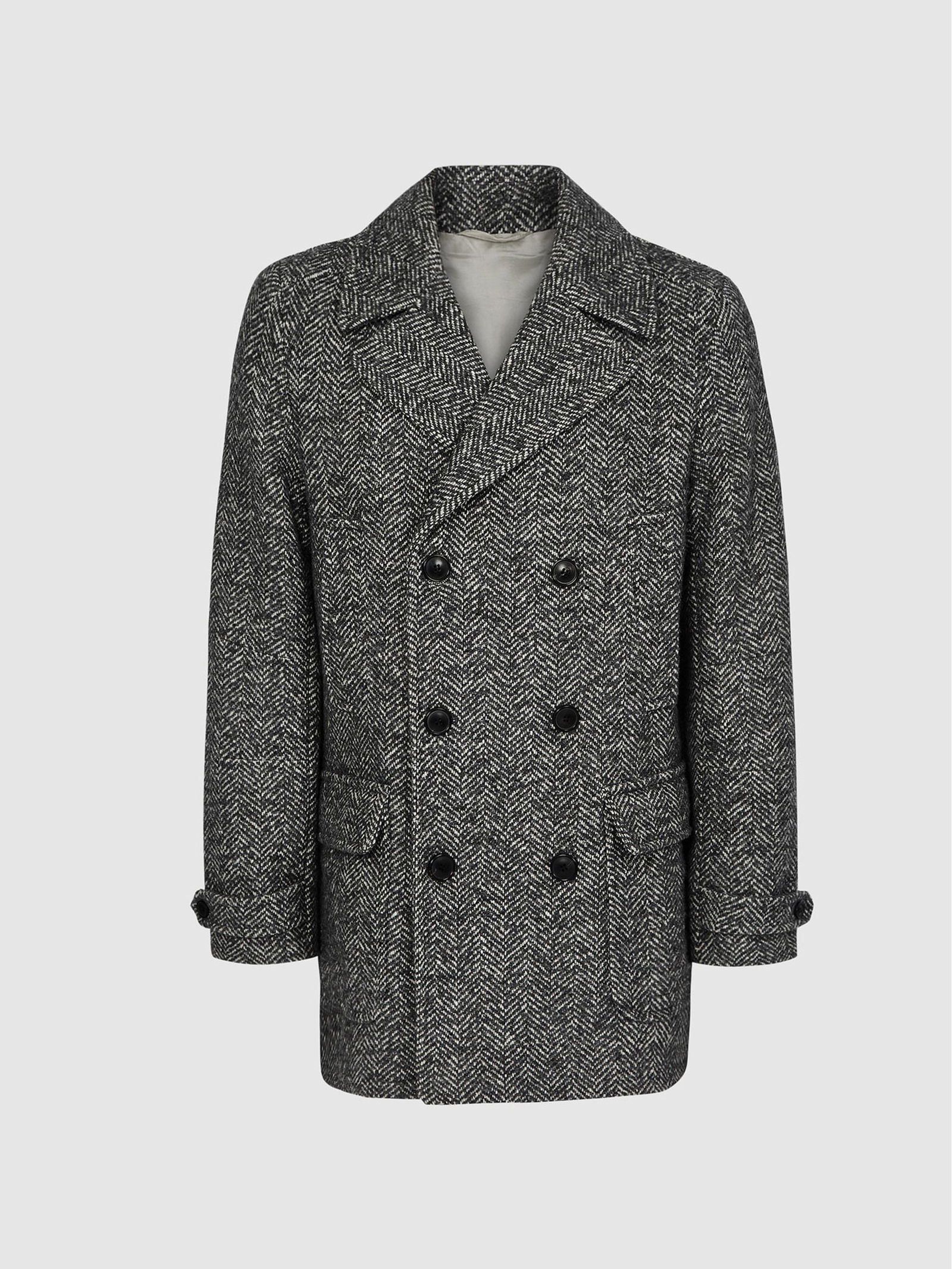 REISS Yule Herringbone Double Breasted Coat in Grey Endource