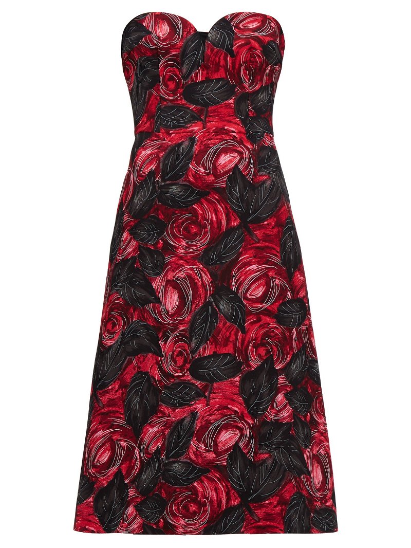 PRADA Sweetheart-Neckline Rose-Print Cady Dress in Red