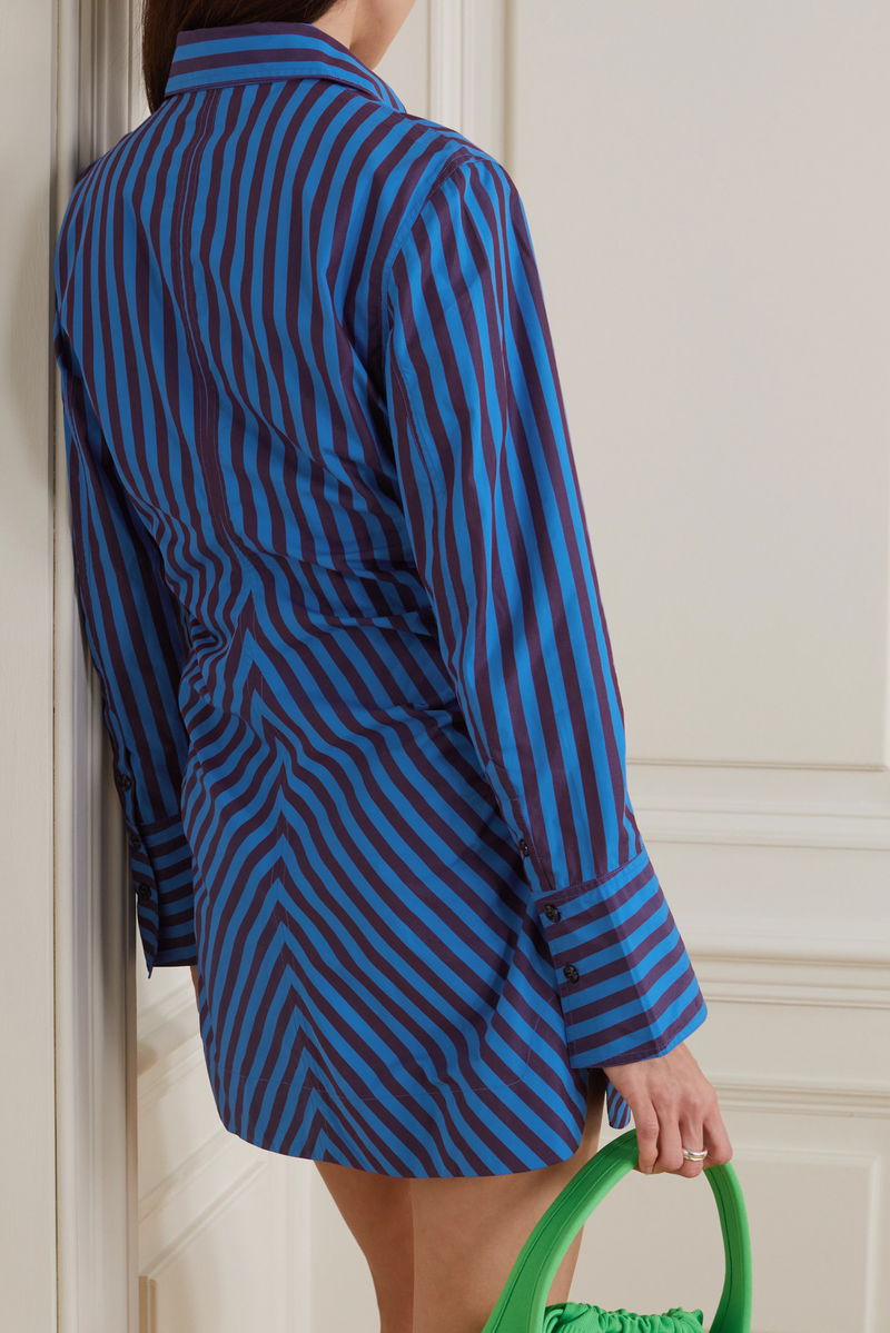 ganni pinstripe ruched dress Ganni Pinstripe Stretch Mini Dress In Phantom