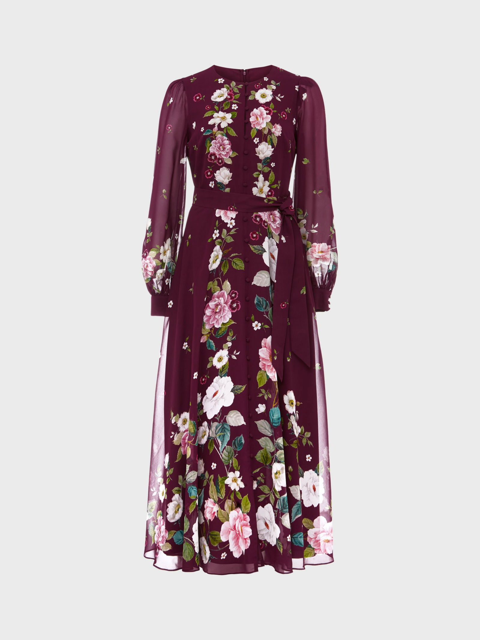 HOBBS Maribella Floral Silk Maxi Swing Dress in Burgundy/Multi | Endource