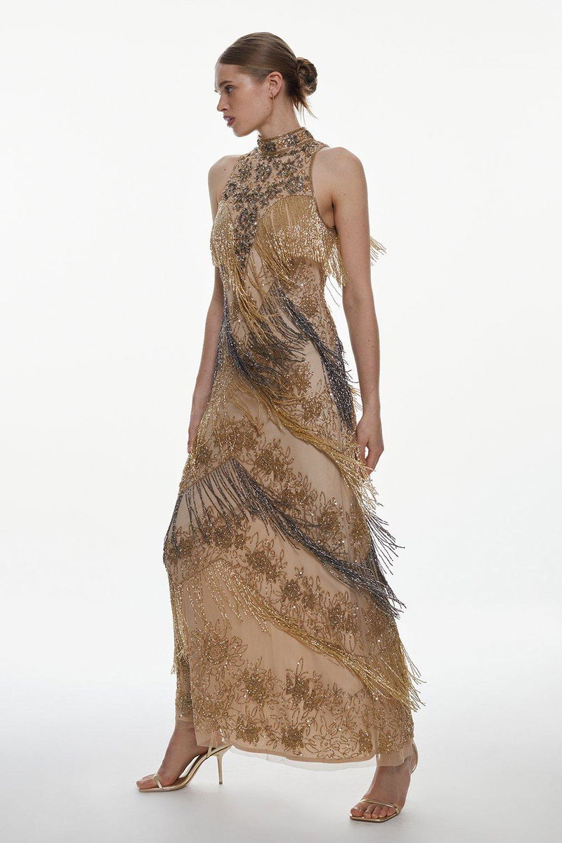 gold fringe detail halter maxi dress Olive Green Fringe Halter Maxi Dress Green / 4 main image 1