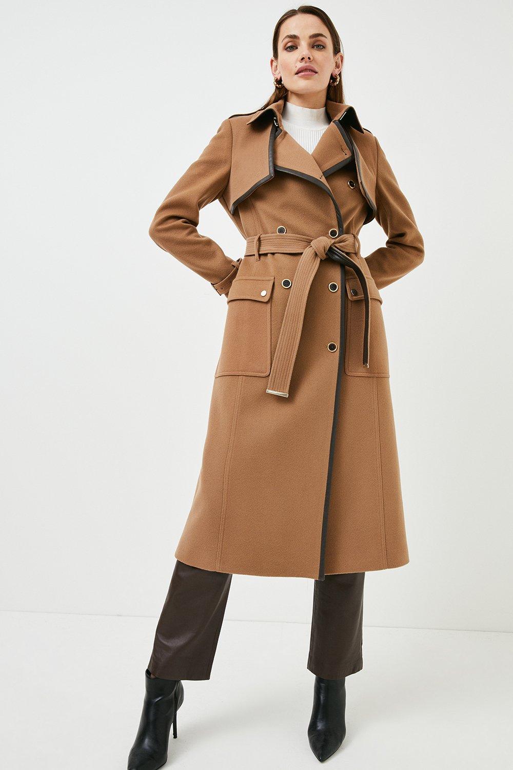 KAREN MILLEN Italian Wool Belted Pocket Trench Coat endource