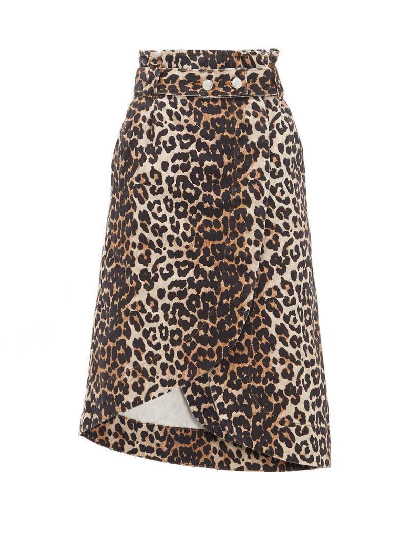 GANNI Leopard-Print Cotton-Denim Wrap Skirt endource