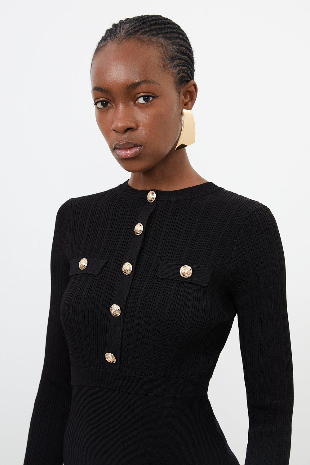 karen millen knitted skater dress KAREN MILLEN Viscose Blend Rib Knit Military Trim Skater Dress