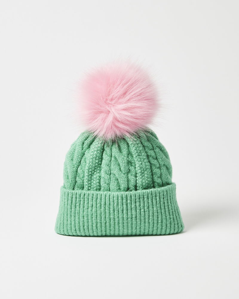 OLIVER BONAS Cable Emerald Green Pom Knitted Beanie Hat  display picture 2