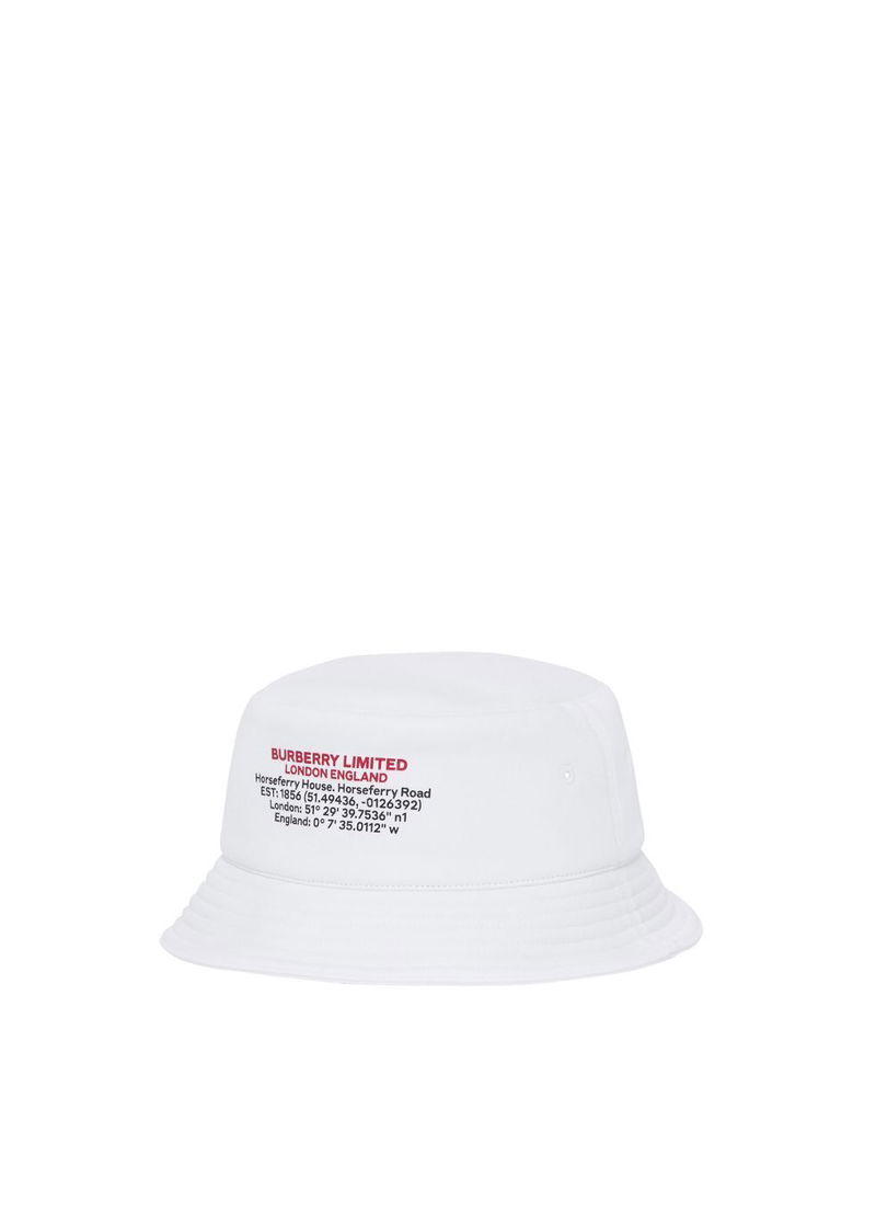 BURBERRY
White Cotton Location Print Bucket Hat ? Check EKD Bucket Hat in Sand - Men | Burberry® Official main image 4