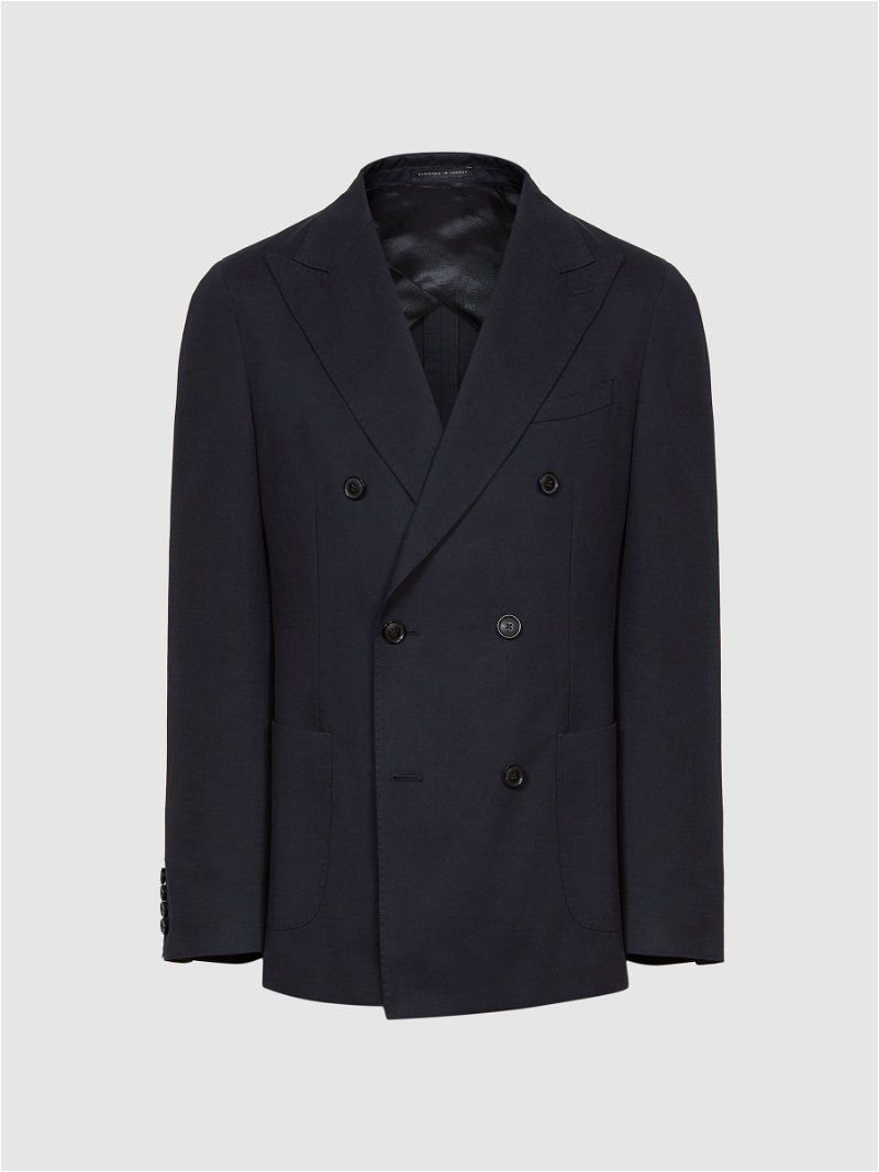 REISS Class Double Breasted Cotton-Linen Blazer in Navy | Endource