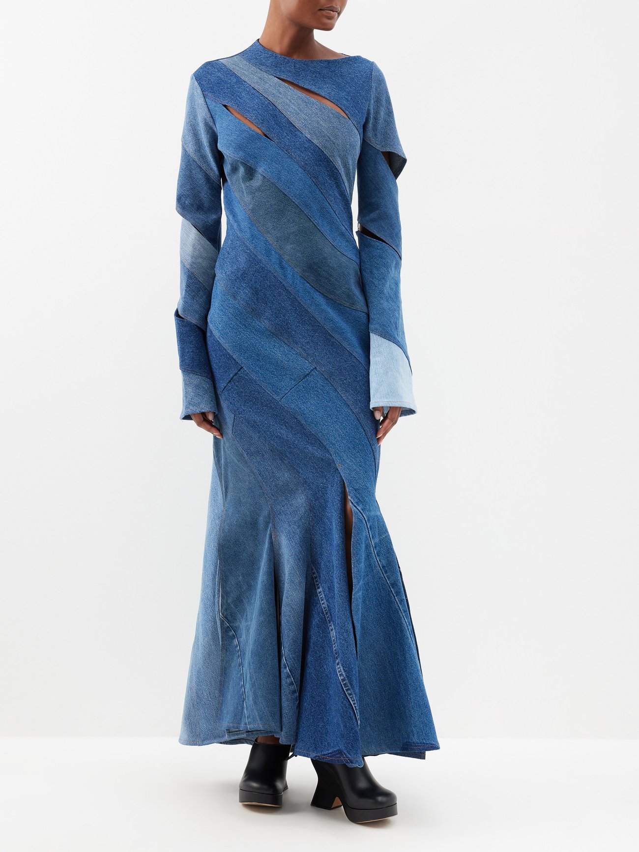 A.W.A.K.E. MODE Panelled Upcycled-Denim Maxi Dress | endource