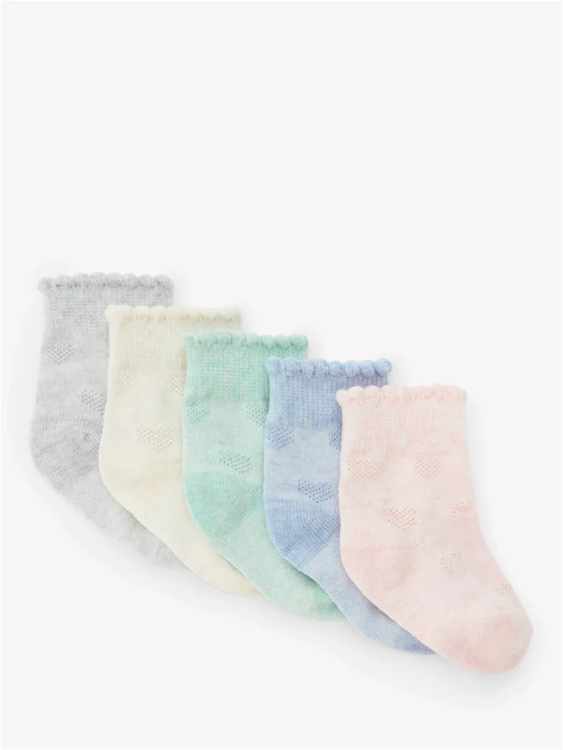 JOHN LEWIS Baby Pretty Heart Embroidered Organic Cotton Blend Socks, Pack  of 5 in Multi | Endource
