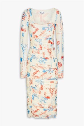 Abstract Printed Ruched Mesh Midi Dress (WDR655A)