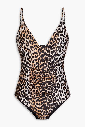 GANNI Ruched cheetah-print recycled swimsuit