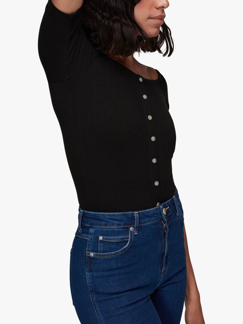 WHISTLES Rumi Ribbed Bardot Top in Black Endource