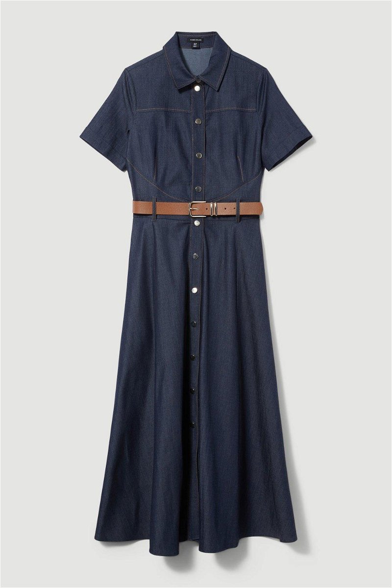 Tailored Denim Belted Midi Shirt Dress | Karen Millen